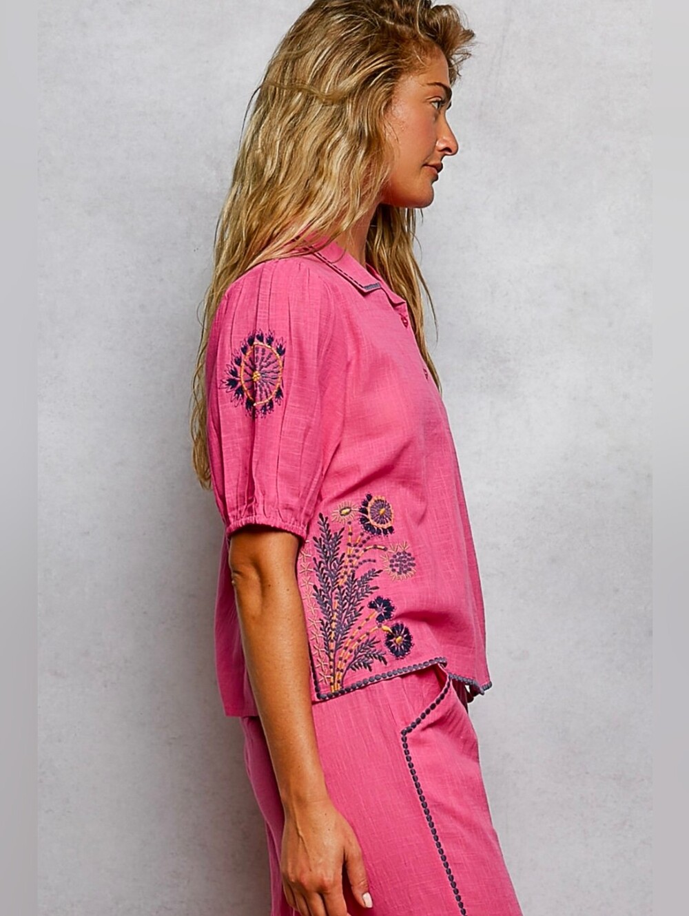 NEW!! 2 PC POL 100% Cotton Pink Wide-Leg Embroidered Pant Set, NWT - Picture 8 of 13